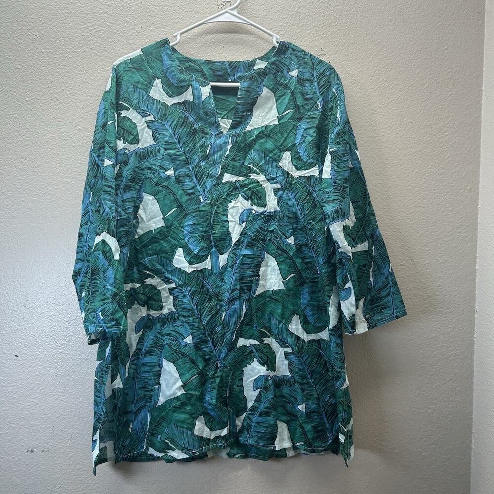 Kikisol Palm Leaves Tunic Top V Neck Swim Cover Resort Wear Medium 100% Cotton‎